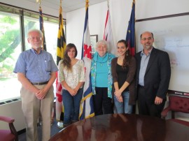 Rockville Mayor Phyllis Marcuccio (center), Montgomery College students Gina Francesca Suarez (left) and Virginia Bezerra de Menezes (right), Montgomery College Prof. Alonzo Smith (far left), and David Smith, Chair of the Rockville Human Rights Commission (far right) (Photo courtesy: City of Rockville, MD)